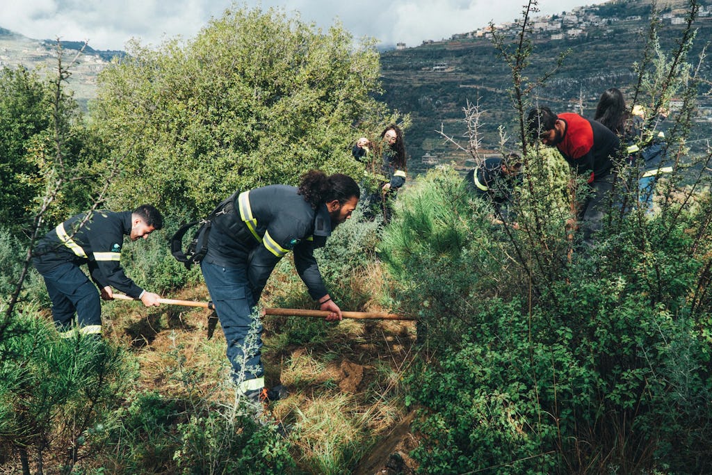 Volunteers preparing the land for tree plantation in Ramlieh, Lebanon. (Image: Celine Barakat/UNEP 2024)