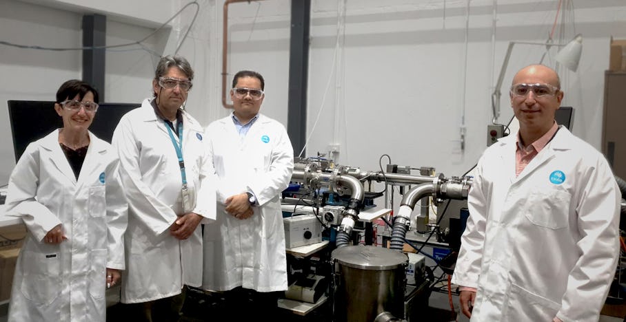 CSIRO and RMIT are developing a zero-waste polystyrene recycling device. The team includes from left to right: Dr Antonella Sola, Dr Louis Kyratzis, Dr Ahmad Kandjani and Dr Adrian Trinchi. (Image source CSIRO) 