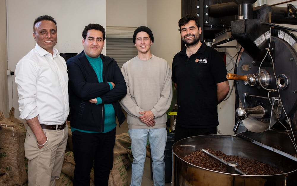 RMIT University researchers Dr Rajeev Roychand, Dr Mohammad Saberian and Dr Shannon Kilmartin-Lynch with Jordan Carter, Co-founder of the Indigenous-owned Talwali Coffee Roasters (pictured left to right). Image Source: RMIT University 