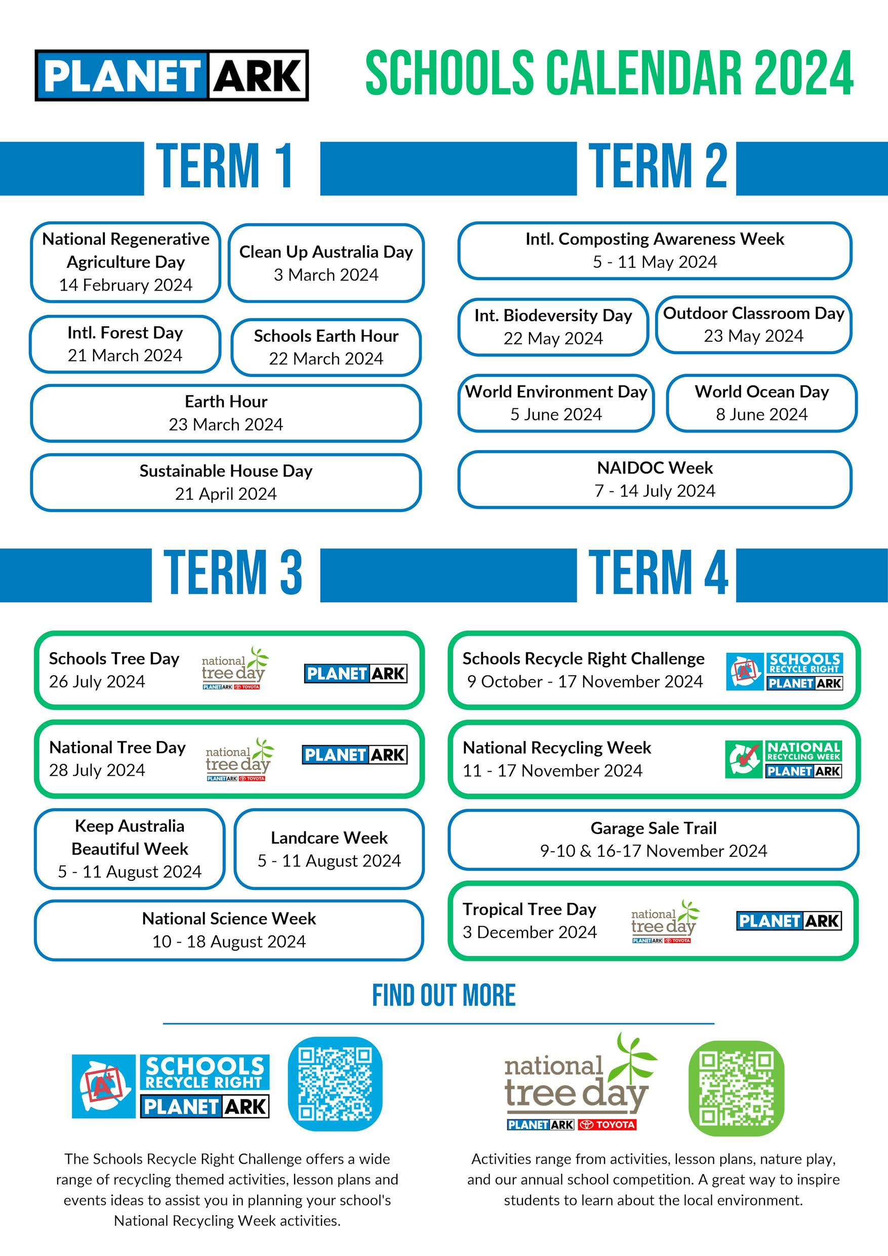 A calendar showing sustainability events schools can get involved in.